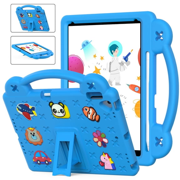 ELEHOLD Kids Case for iPad 9th/8th/7th Gen (2021/2020/2019)10.2 inch, EVA Foam Cute Cartoon Case with Built-in Kickstand Pencil Holder Shockproof Portable Case for iPad 10.2",Skyblue