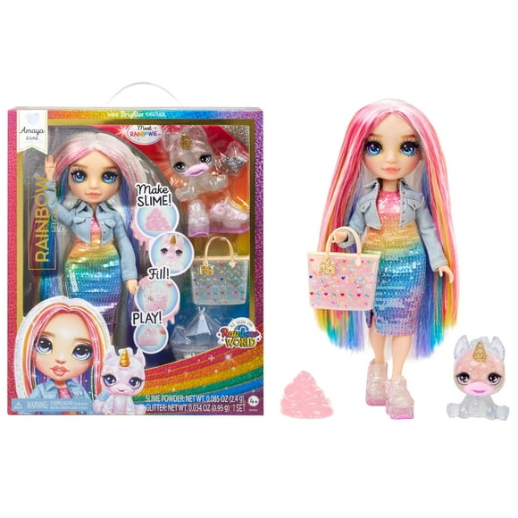Rainbow High Amaya, Rainbow with Slime Kit & Pet, 11 Shimmer Posable Fashion Doll with DIY Sparkle Slime, Magical Yeti Pet, Fun Play Accessories, Great Toy Gift for Girls Kids Ages 4-12 Years