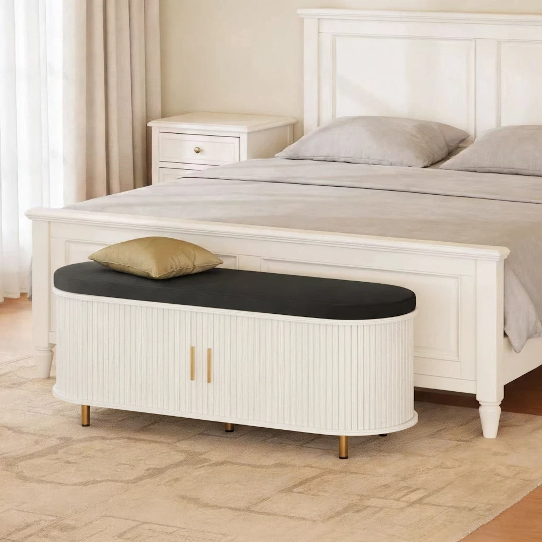 Aisword 2-Tier Shoe Bench Storage with Sliding Door, Padded Cushion, Adjustable Shelf, White