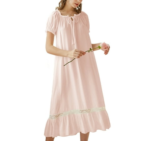 

Homgro Women s Victorian Vintage Nightgown Princess Nightdress Ruffle Cotton Sleep Dress Short Sleeve Square Neck Lounge Pleated Lace Maxi Nightwear Pink Medium