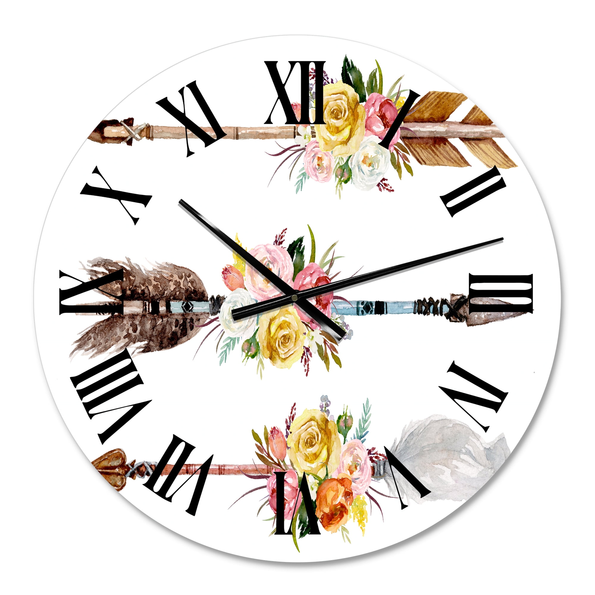 Designart 'Ethnic Feathers And Flowers On Native Arrows Ii' Bohemian & Eclectic Wall Clock
