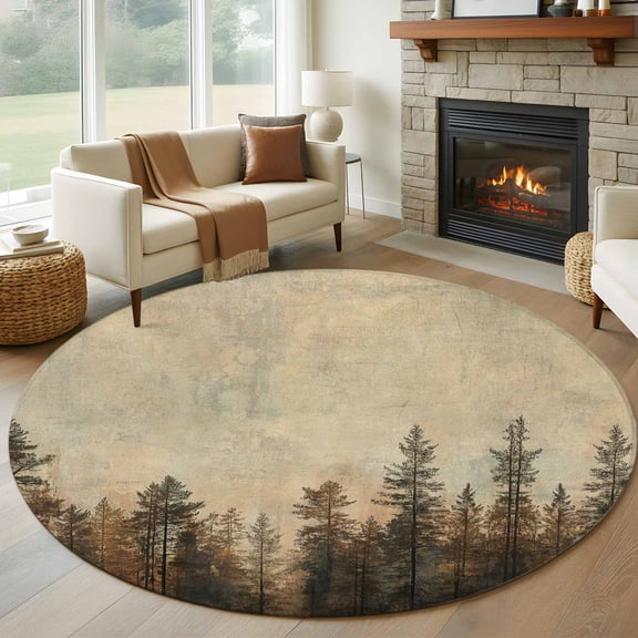 8ft Round Rug, Brown Forest Non-Skid Rubber Backing Large Area Rugs - Living Room Bedroom Home Office, Vintage Tree Farmhouse Botanical Indoor Floor Mat Carpets Washable Rug