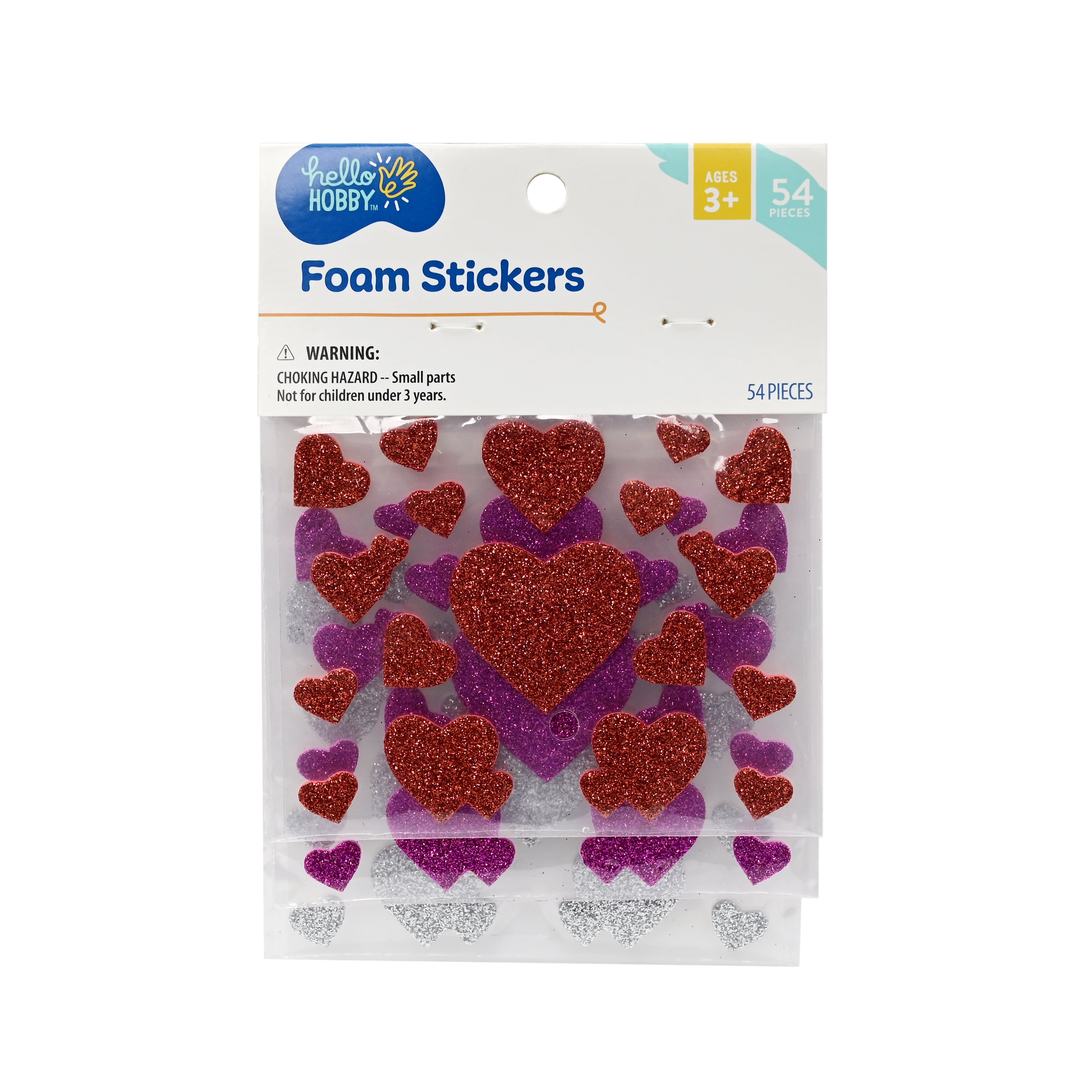 (3 pack) Hello Hobby Glitter Foam Heart Stickers, Multicolor, 54 Count
