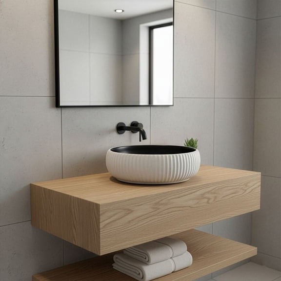 16 in. Round Vessel Bathroom Sink in Matte Black and Textured White Ceramic – Modern Above-Counter Basin with Stone-Look Finish