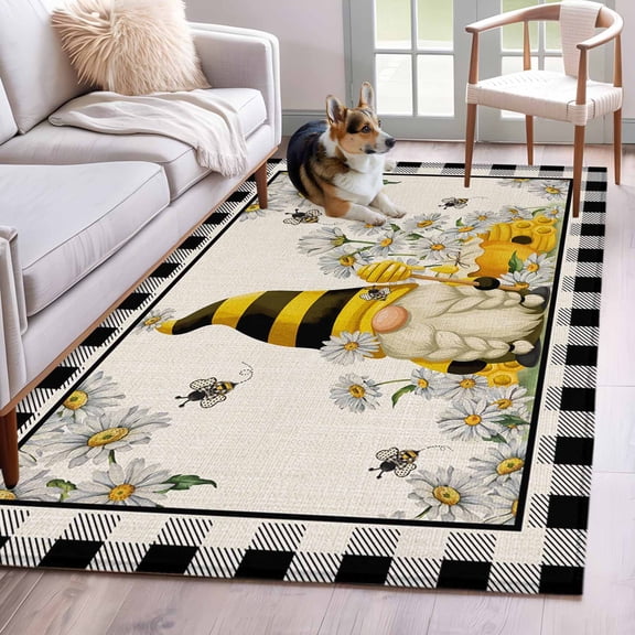 3'x5' Rug for Living Room Bedroom, Spring Gnomes Washable Area Rugs Non-Slip Carpet Mats, Farmhouse Bees Flowers Black White Plaid Indoor Low Pile Area Rug Runner for Kitchen, Mudroom