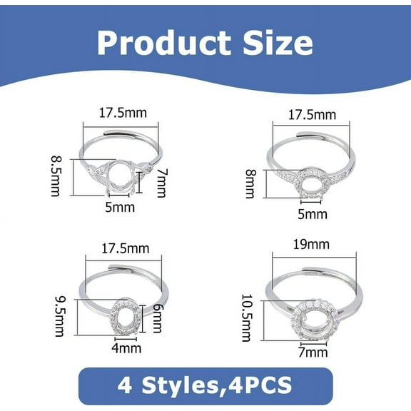 1set 4pcs 4 styles Sterling Silver Adjustable Ring Findings Ring Components Tray: 5~7mm 8.5~10.5mm Inner Diameter: 17.5~19mm 1pc/style