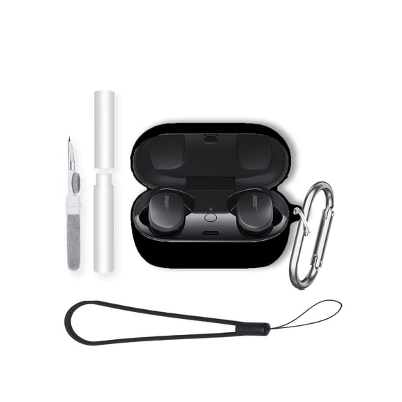 Soft Silicone Protective Case for Bose QC Earbuds,Shockproof & Anti-Scratch Cover with Keychain,Lanyard & Cleaning Kit,Anti-Lost & Dustproof Protector-Black
