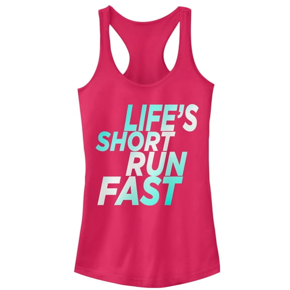 Junior's CHIN UP Life's Short Run Fast  Racerback Tank Top Dark Pink Large