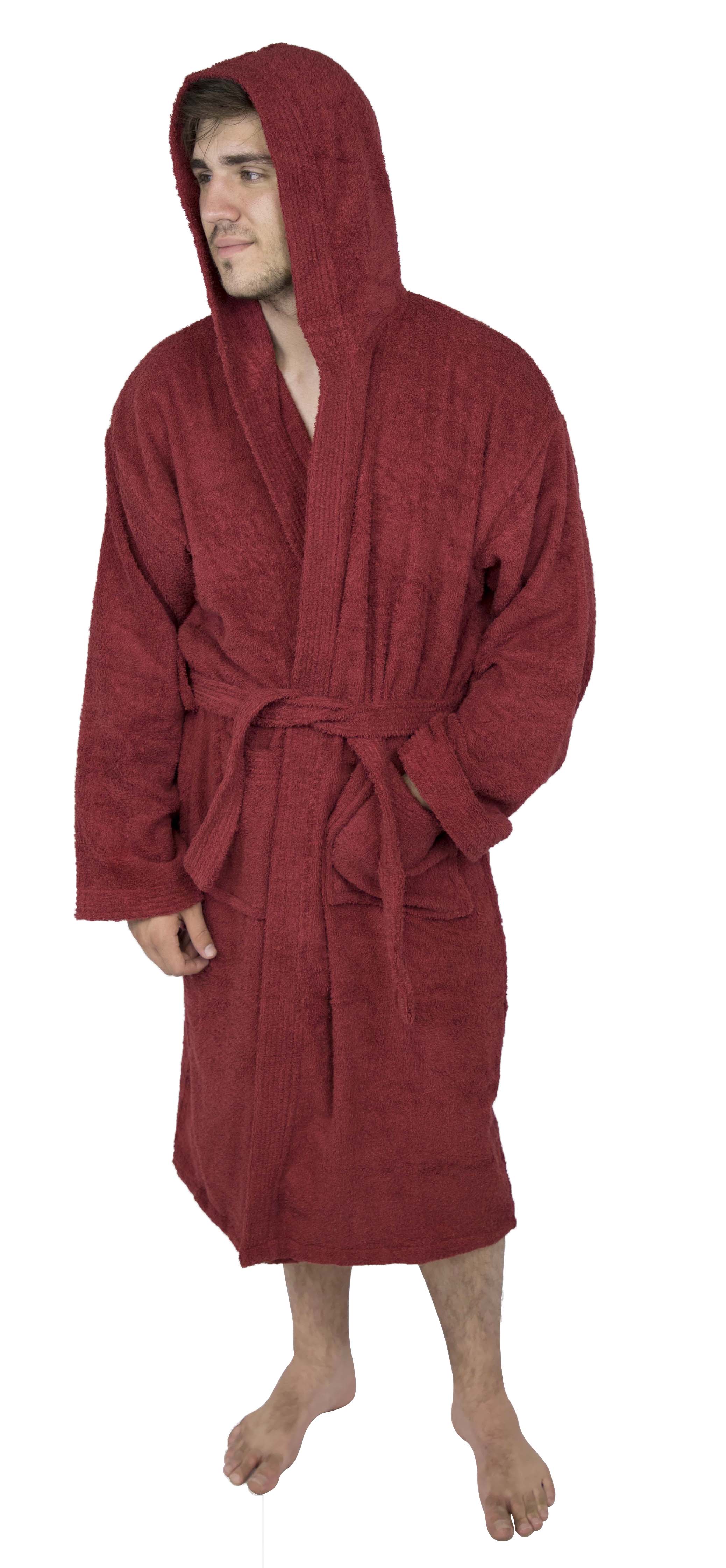 Mens 100 Terry Cotton Toweling Bathrobe Dressing Robe Hooded Wine