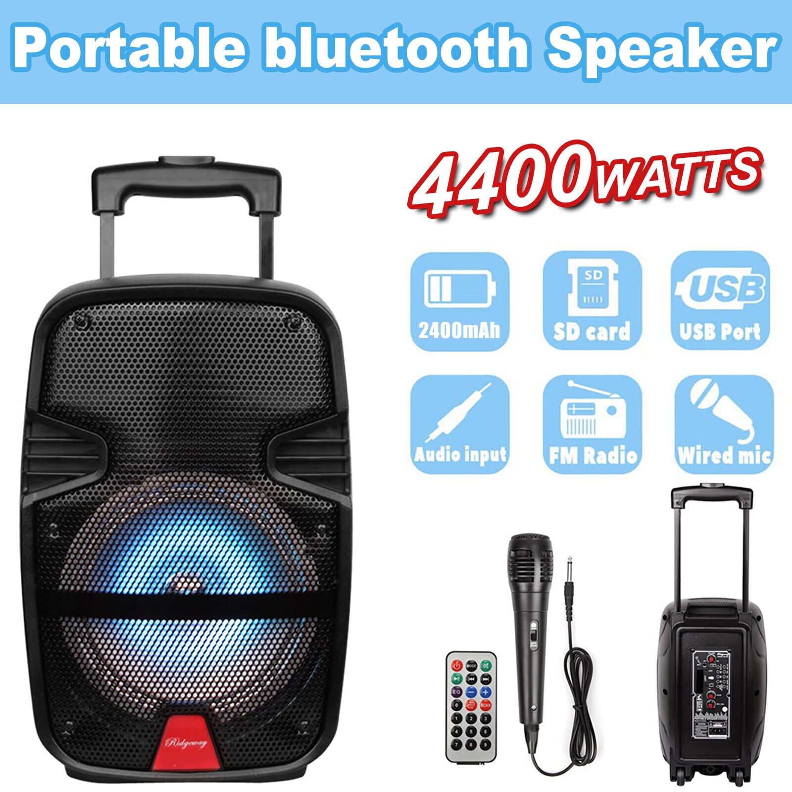 Lohoms Portable Wireless Speaker, FM Rechargeable Bluetooth Speaker 8" Subwoofer with Microphone Sound Party PA System AUX, Remote, Handle, Wheels, 7.6lbs