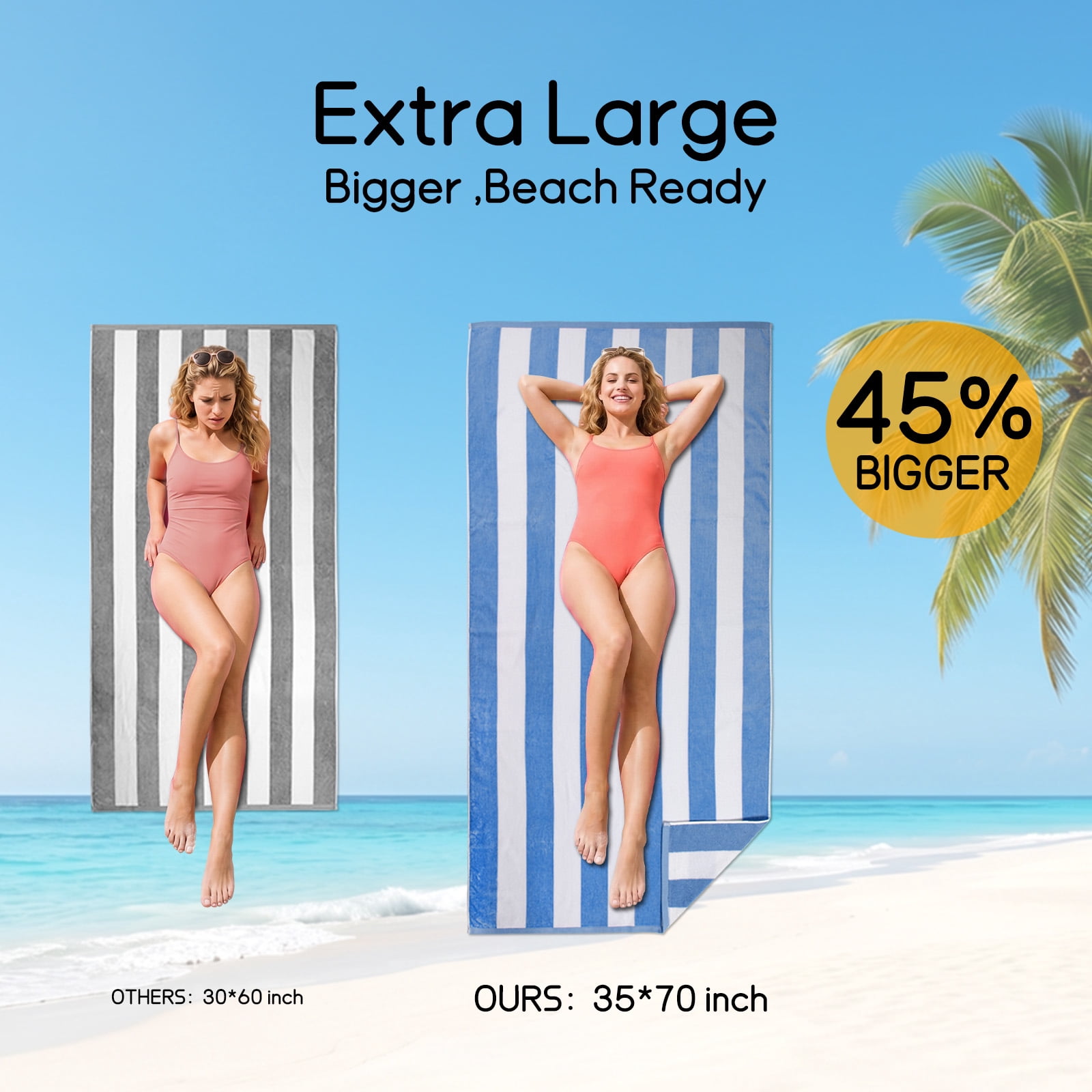 Ouxiaobai Cotton Oversized Beach Towel - 35 x 70 Inch Large Size Pool Towel, Striped Cabana Swim Towel