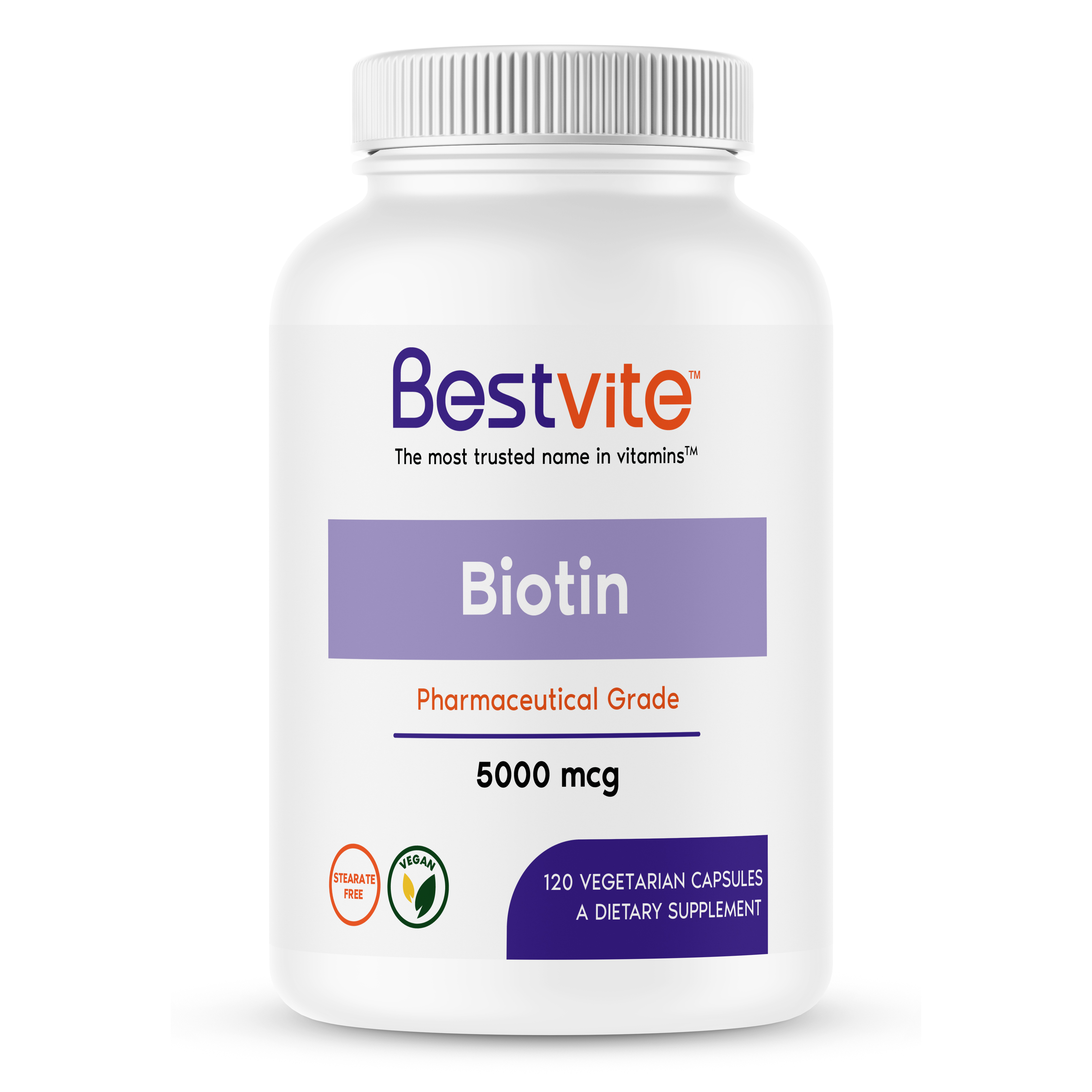 Biotin 5000mcg (120 Vegetarian Capsules)-No Stearates-No Flow Agents-Vegan-Non GMO-Gluten Free-Hair,Skin,Nails