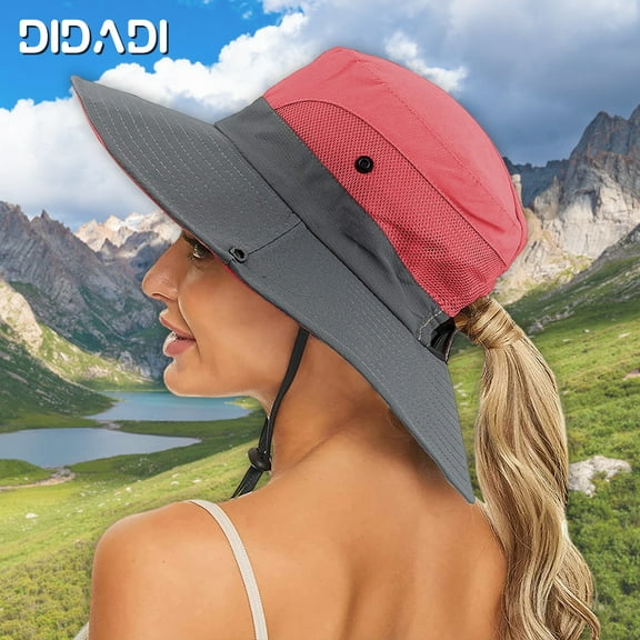 DIDADI Tribe Sun Hat with UV Protection, Outdoor Sun Hats with Ponytail-Hole, Foldable Mesh  Beach Hat , Breathable Bucket Hat for Women Fishing Gardening Hiking(Watermelon Red)
