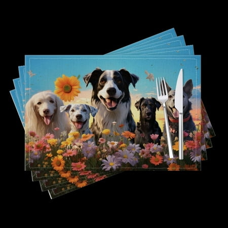 

Bahomeck Placemats Set Of 4 Rectangle Linen Cotton Placemats For Dining Table Fade Resistance Washable Heat Resistant，18*12Inch Group Of Happy Dogs Including Border Collie And White Dog