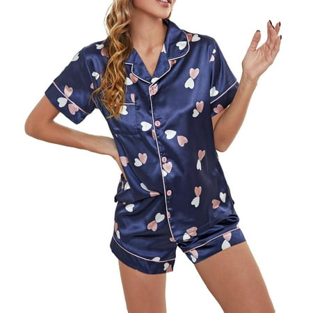 

Lapel Elegant Heart Short Sets Navy Blue Short Sleeve Women Pajama Sets