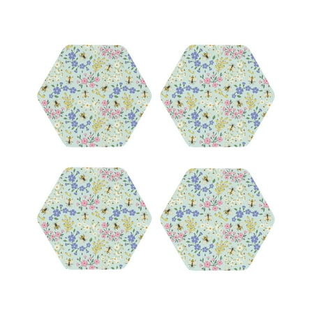 

Honeii Honey Bees And Flowers Print Leather Coaster Set of 4 Ideal for Safeguarding Your Furniture from Drinks Spills and Effortless Cleanup-Hexagon