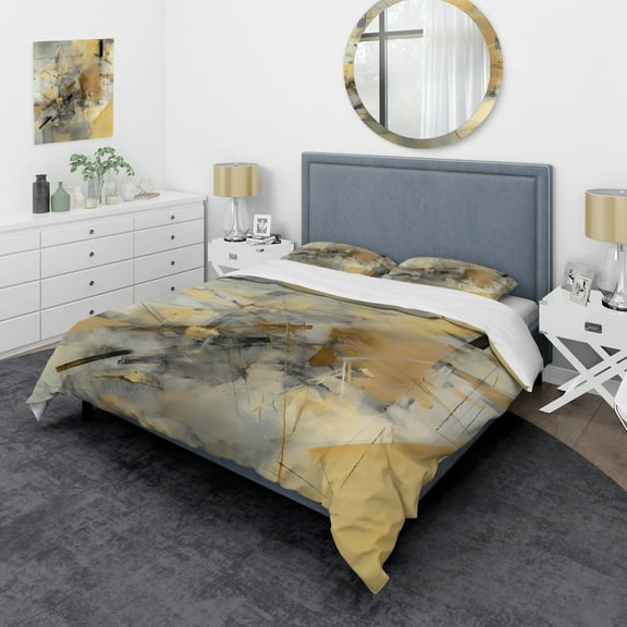 Designart "Beyond The Canvas Yellow and Grey II" Abstract Painting Bedding Covert Set - Modern Yellow Abstract Bed Set With 2 Shams
