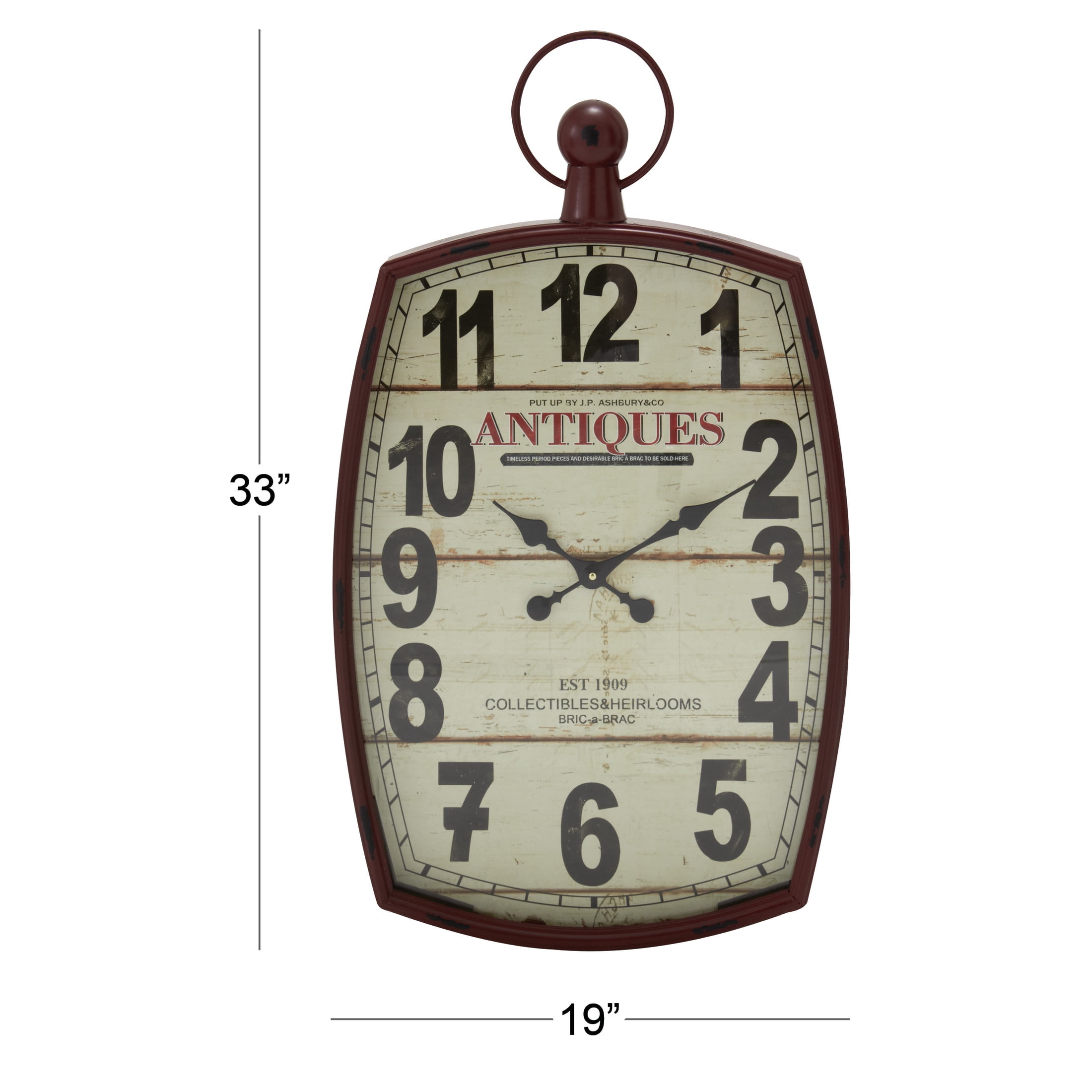DecMode 19" x 33" Red Metal Finial Distressed Pocket Watch Inspired Wall Clock
