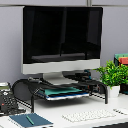 Mind Reader - Monitor Stand, Ventilated Laptop Riser, Paper Tray, Storage, Office, Metal Mesh, 20"L x 11.5"W x 5.5"H - Black