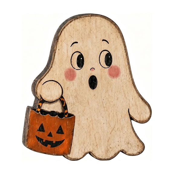SLYNSHome Vintage Wooden Ghost Tabletop Figurine, Ghost With Pumpkin Bucket Decor, Farmhouse Shelf Mantel Ornament For Halloween Indoor Home Holiday Party Atmosphere Decoration
