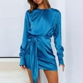 thumbnail image 2 of TAIAOJING Women's Long Sleeve Bodycon Dress Elegant Satin Long Sleeve Self Tie Front Crew Neck High Elastic Waist Dressy Ruffle A Line Mini Dresses, 2 of 5