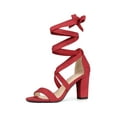 thumbnail image 1 of BLISSFUL STEP Sandales pour Femmes Couleur Unie Talons Blocs Moyens Sandales à Lacets Rouge 9, 1 of 8