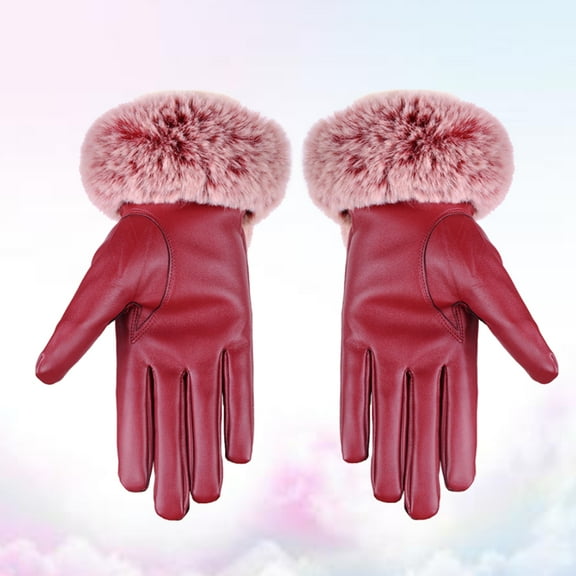 FONDOTIN Red Pu Leather Fleece Mitten 1 Pair Touch Screen Glove For Women Winter Use