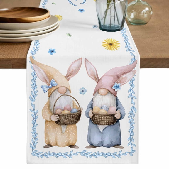 Happy Easter Table Runner 72 Inches, Watercolor Floral Gnomes Eggs Basket Spring Bed Runner Dresser Scarves Tabletop for Indoor Outdoor Parties/Ceremony/Banquet, 18" x 72"
