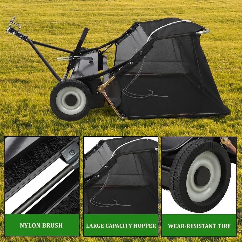 42-Inch ATV Lawn Sweeper, Easy-Empty Hopper with 4 Nylon Brushes (10-Inch Diameter), Universal Hitch & Sturdy Wheels, Black