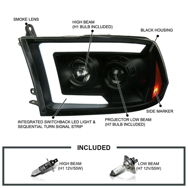 2012 Dodge Ram 1500 Spec-D Smoked Black DRL Projector Headlights