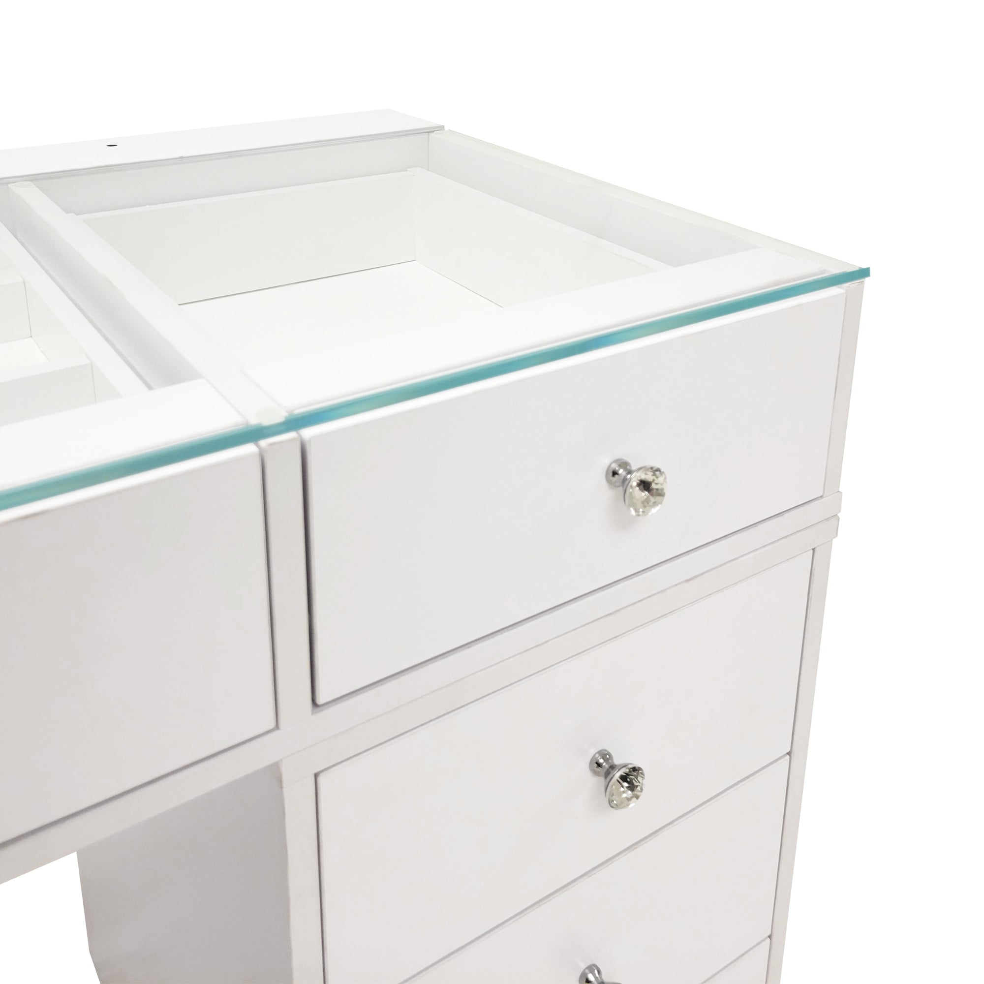 Impressions Vanity Naomi Desk with Mirrored Glass Top, Makeup Set & 10 Storage Drawers, White