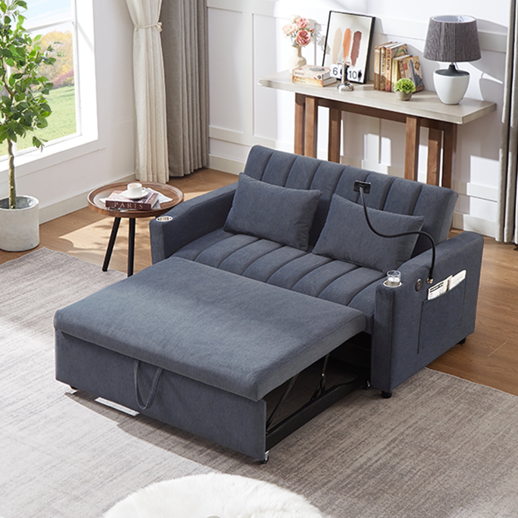EUROCO 1100LBS Queen Pull Out Sofa Bed, 55.9" Convertible Sleeper Loveseat with 3 USB Ports, 2 Side Pockets,2 Cup Holders and 360°Swivel Phone Holder,Modern Loveseat Sofa for Living Room