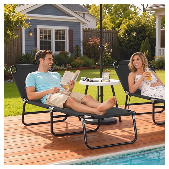 Folding Chaise Lounge Chair, Outdoor Sun Tanning Chair, 5-Position Reclining, Steel Frame, Black - Beach, Patio, Pool