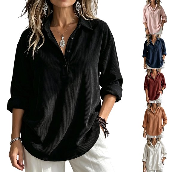 Womens Solid Corduroy Half Button Collared Pullover Loose Fit Long Sleeve Casual Shirt Curved Hem Fashion Blouse For Spring Fall Daily Street And Commuting Outfits Blue L