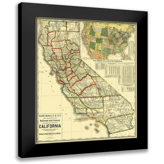 Rand McNally 12x13 Black Modern Framed Museum Art Print Titled - California Railroad and Counties 1883