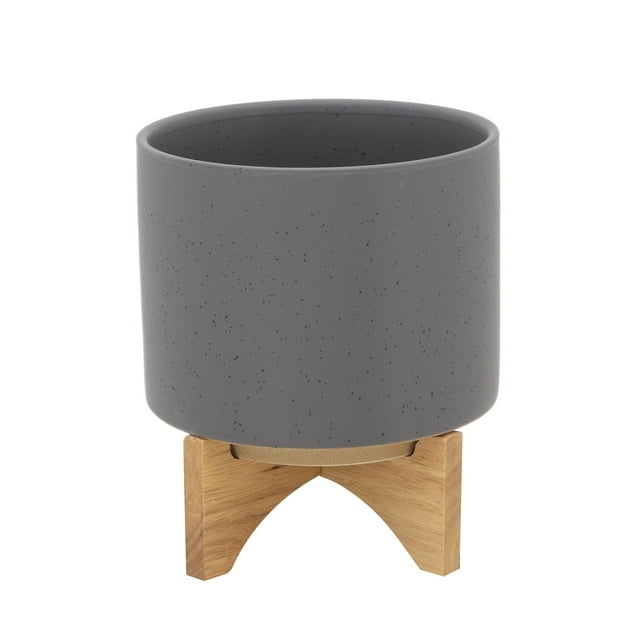 Sagebrook Home 8" PLANTER W/ WOOD STAND, MATTE GRAY