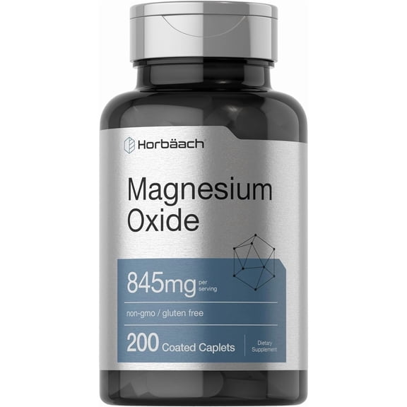 Magnesium Oxide 845 mg | 200 Coated Caplets | Vegetarian, Non-GMO, and Gluten Free Supplement | by Horbaach