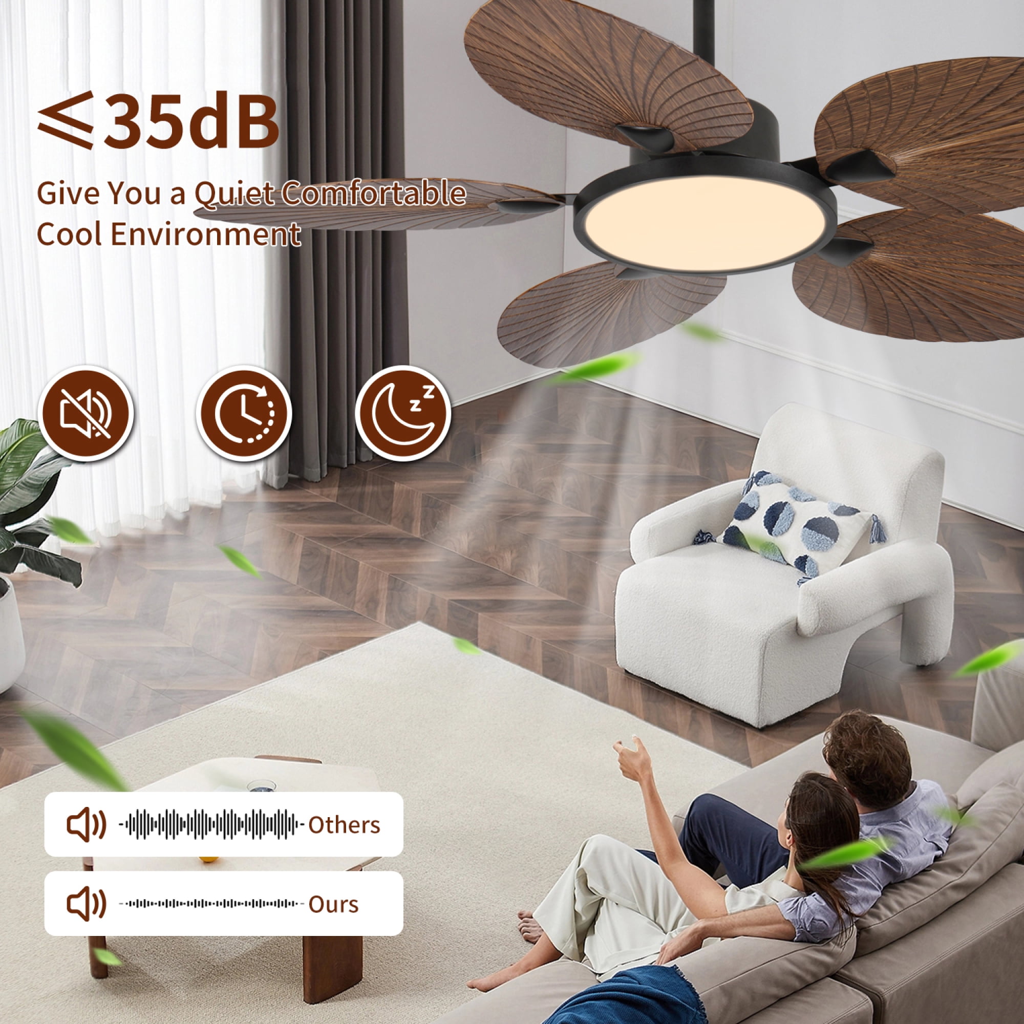 Jopath 52 Inch Tropical Palm Leaf Ceiling Fan with Lights and Remote Control,5 Blades Silent DC Motor for Bedroom Indoor/Outdoor Use Amber
