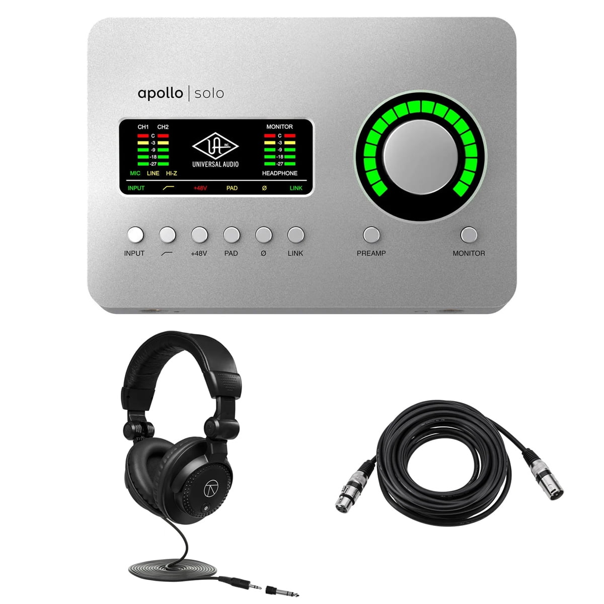 Universal Audio Apollo Solo USB Heritage Edition Desktop 2x4 USB Type-C Audio Interface, Bundle with TAPH100 Monitor Headphones and 25' Value Series XLR Microphone Cable