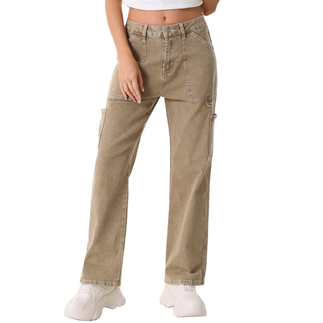 Pantalones Cargo INSPIRE CHIC para mujer, de cintura alta, estilo Y2K, pantalones casuales holgados con bolsillos, color camel, talla L