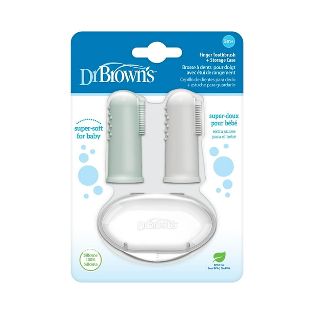 Dr. Brown's Cepillo de dientes de silicona para bebé con estuche de almacenamiento de viaje, 3 m + gris y verde claro, 2 unidades (paquete de 1)