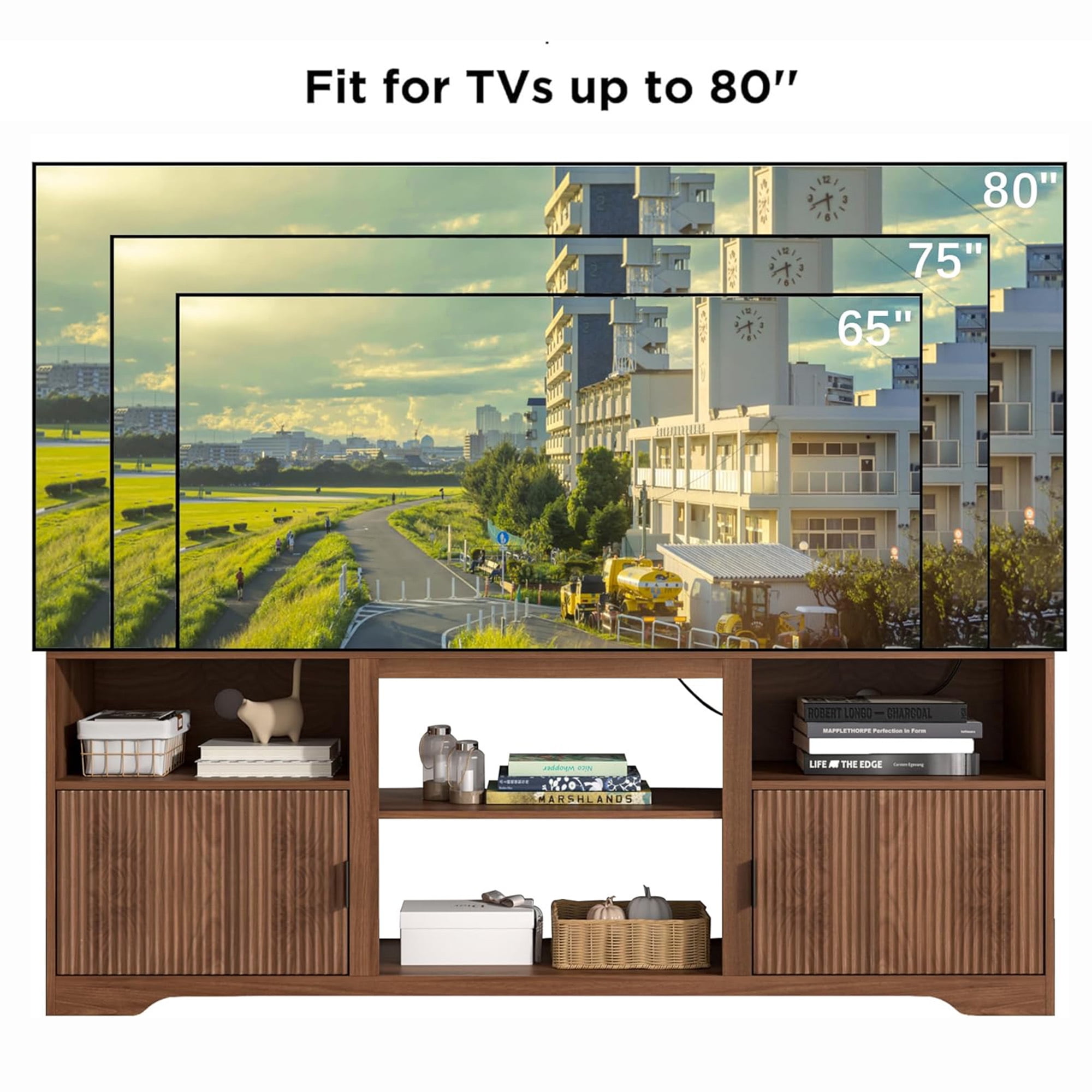 LUCKYELF Modern TV Stand for TVs up to 80", Entertainment Center with Storage, Media TV Console Table for Living Room, Bedroom, Walnut Color
