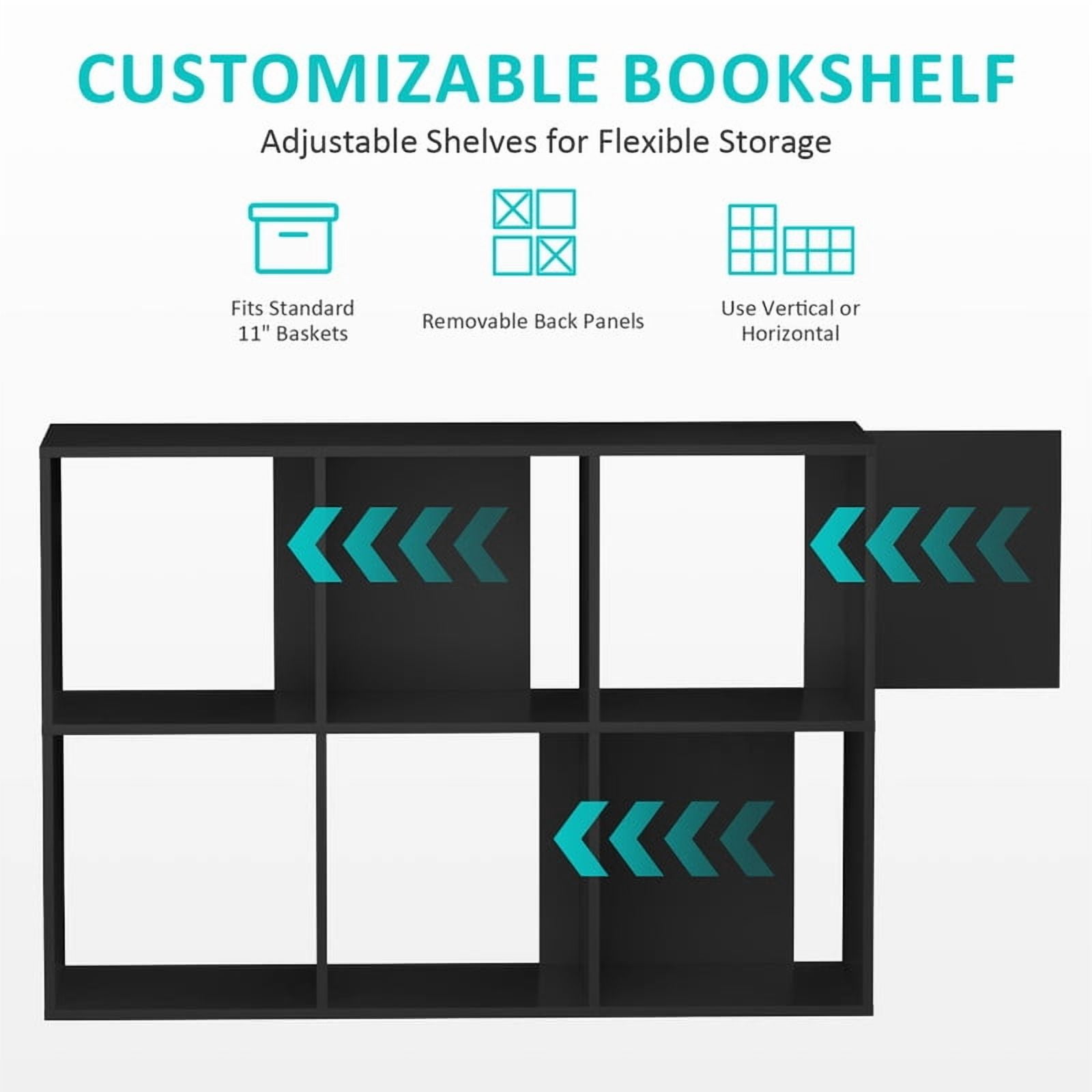 Beddle 6-Cube Storage Organizer, Open Bookshelf with Removable Back Panels, Black Wood Bookcase for Living Room, Bedroom and Home Office