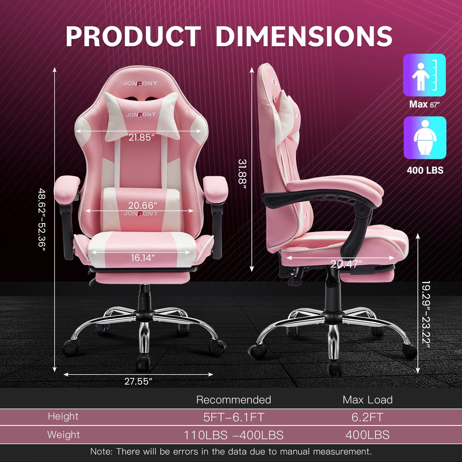 JONPONY Big and Tall Gaming Chair, Ergonomic Design, Gamer Chair PU Leather with Footrest and Lumbar Support, High Back Office Chair Support 8 Hours Long Sitting, Computer Chair,Pink White