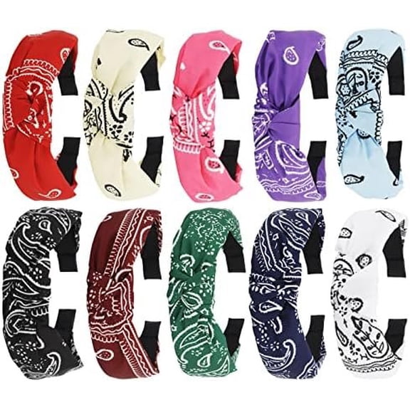 10 Pack Knotted Paisley Boho Headbands - Top Knot Bands for Women, Girls Hair Accessories