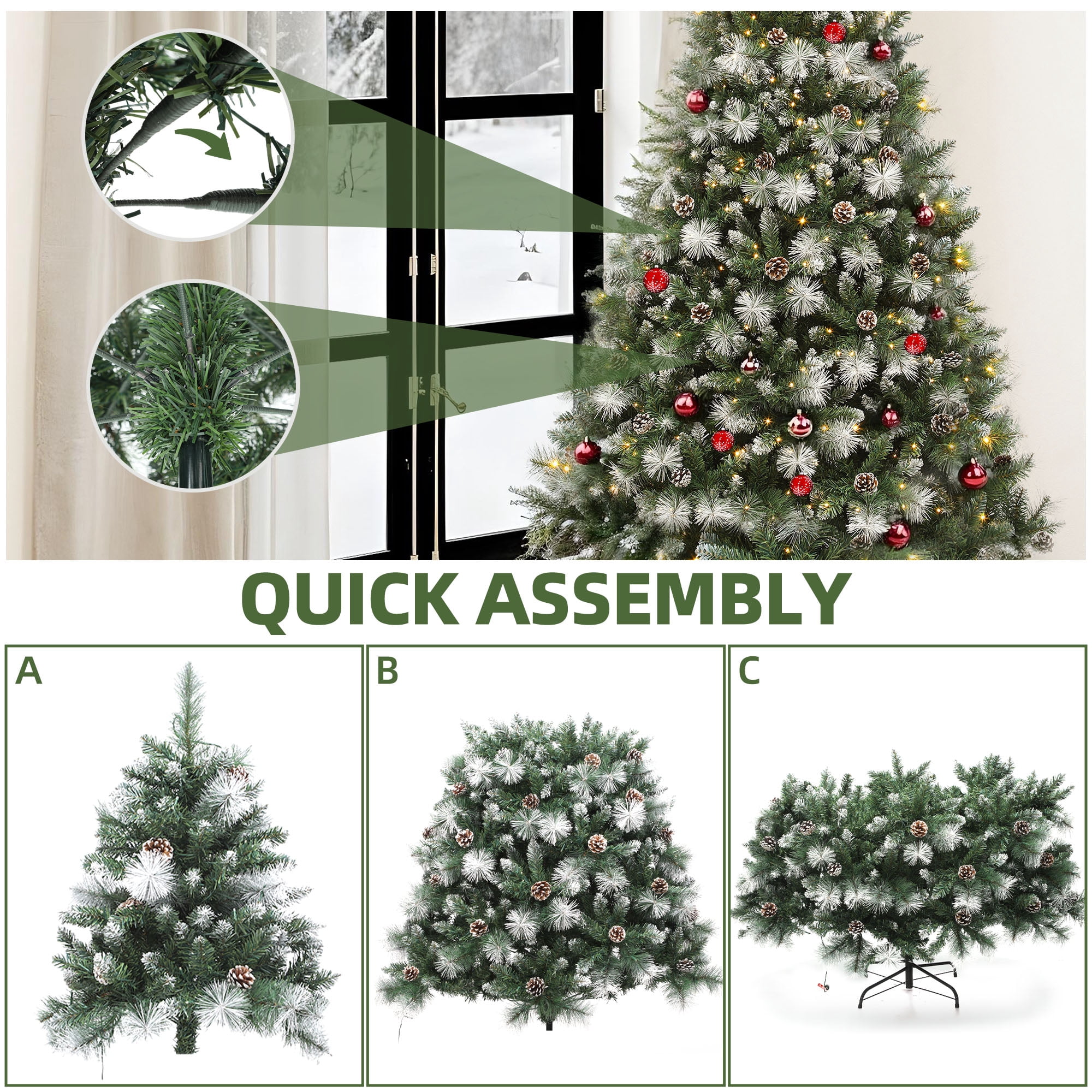 Uforic 7.5ft Pre-lit  Artificial Christmas Tree with 1399 Branch Tips & 750 Lights, Pre-Decorated Scotch Pine Christmas Tree with Remote, 11 Light Modes, 77 Pine Cones, Green