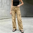 thumbnail image 6 of LEAVINGSUO Straight Leg Cargo Jeans Trousers for Women Fashion High Waisted Pockets Solid Color Button Zipper Casual Denim Pants Khaki XL, 6 of 7