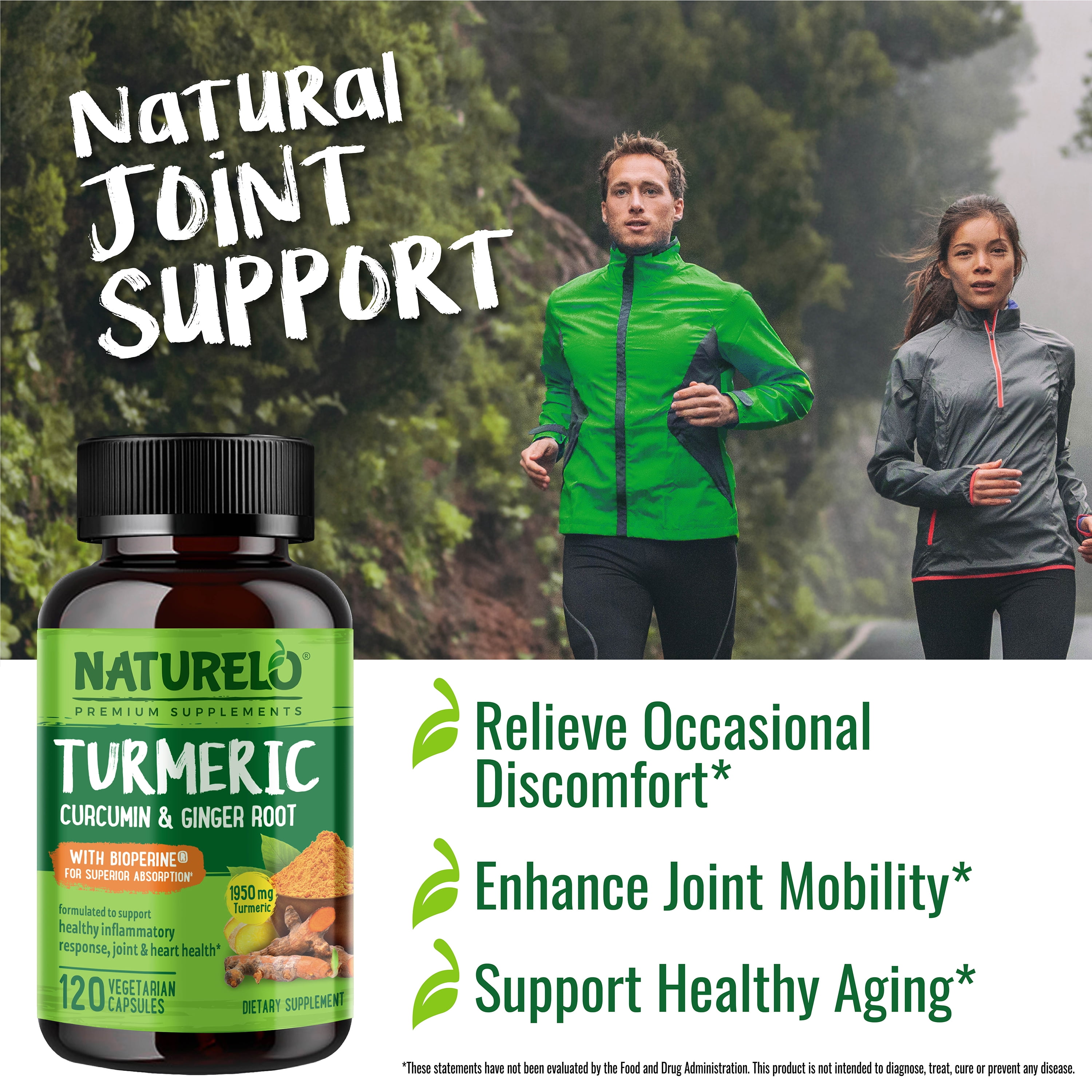 NATURELO Turmeric Curcumin - BioPerine for Better Absorption - Black Pepper, Ginger Root, Curcuminoids - Plant-based Joint Discomfort Support  - 120 Vegan Capsules