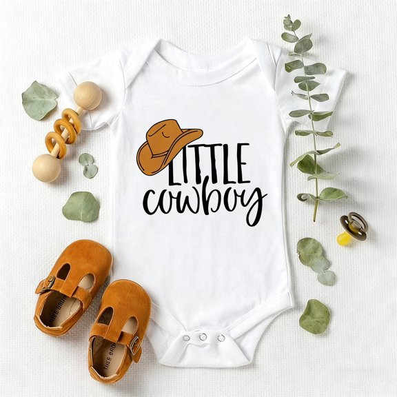 Baby Onesie or Bodysuit with "Little Cowboy" Print, Western Theme White Romper for Boys & Girls, Newborn Photo Shoot Outfit for 1st Birthday with Snap Closure