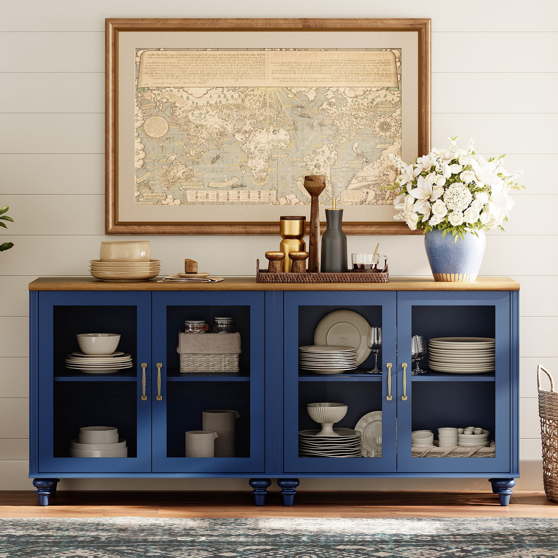 68" Buffet Cabinet with 4 Glass Doors, Kitchen Storage Cabinets, Wood Coffee Bar Table with Adjustable Shelf, Sideboard Credenza for Dining Room, Navy Blue